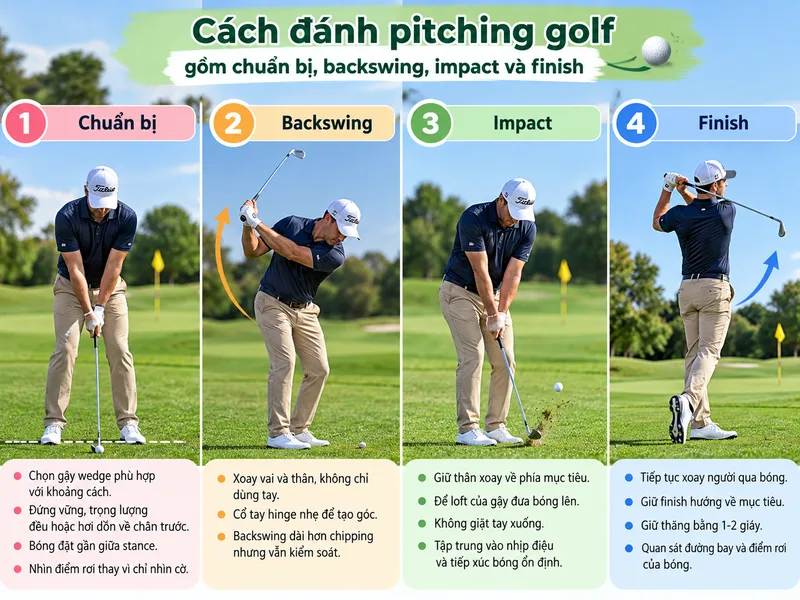 Cách đánh pitching golf gồm chuẩn bị, backswing, impact và finish